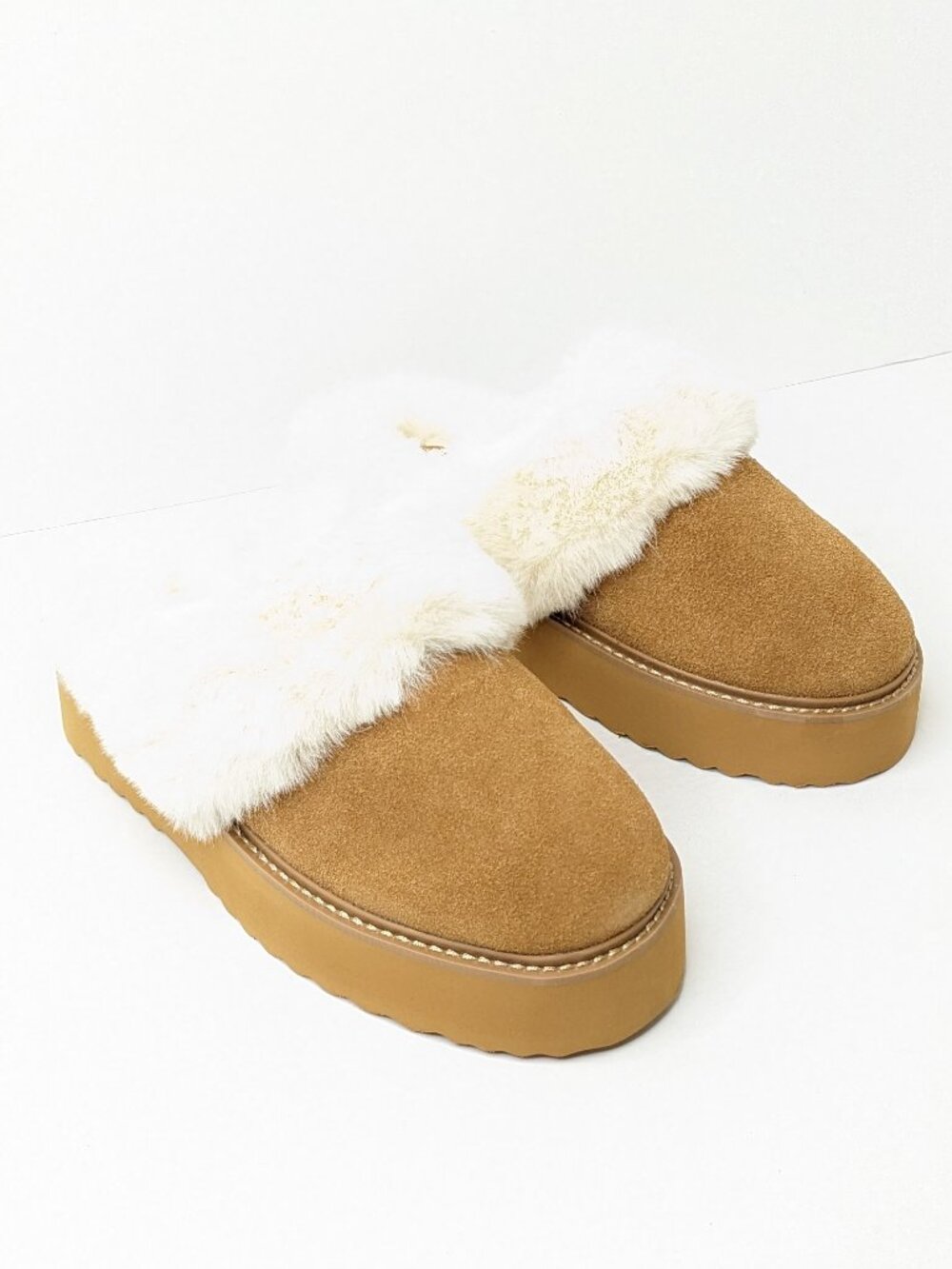 BCTEX Fuzzy Memory Foam Platform Slippers Brown Women's 7